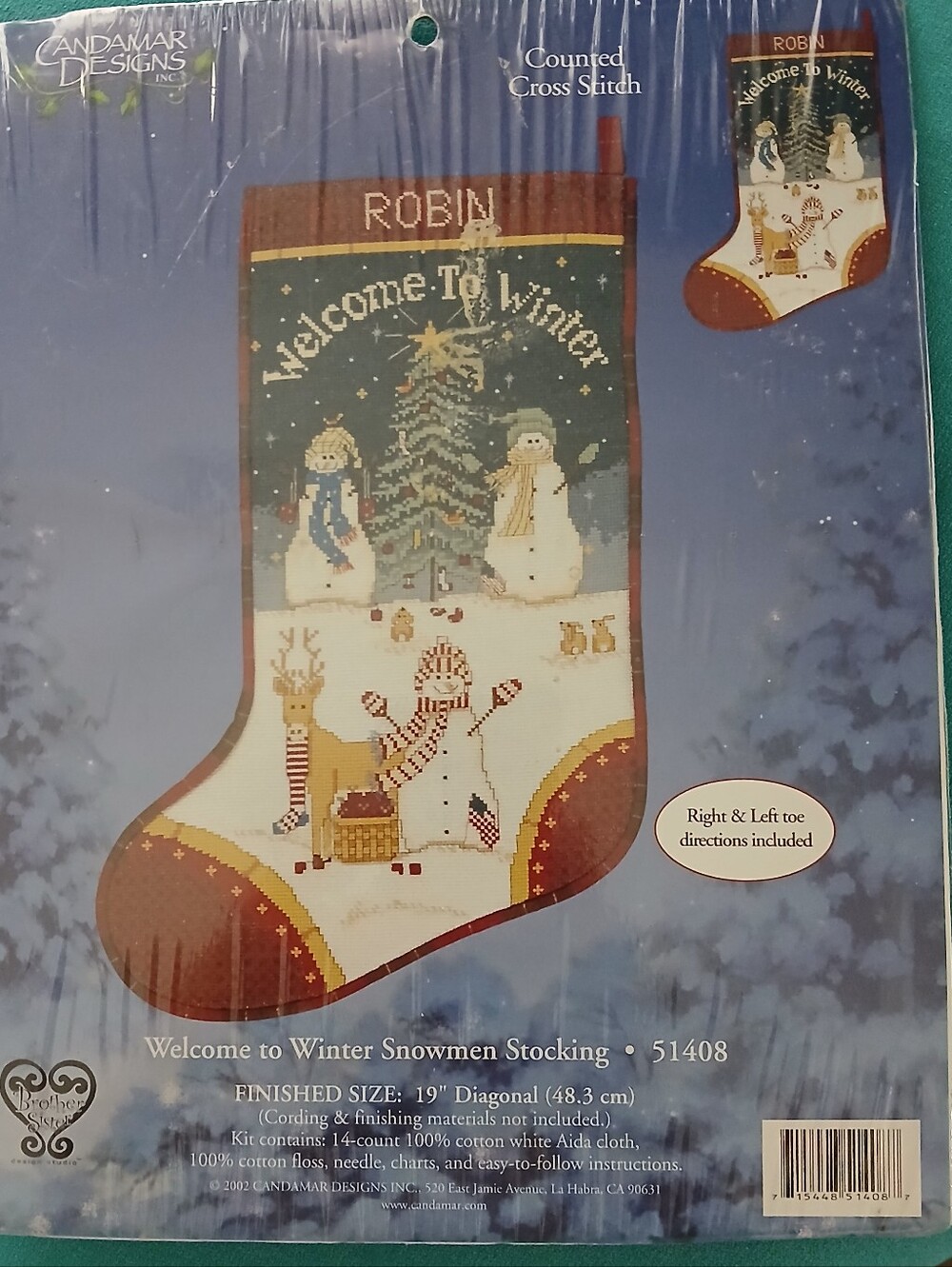 Candamar Designs Cross Stitch Kit Welcome to Winter Snowmen Stocking - 51408 -